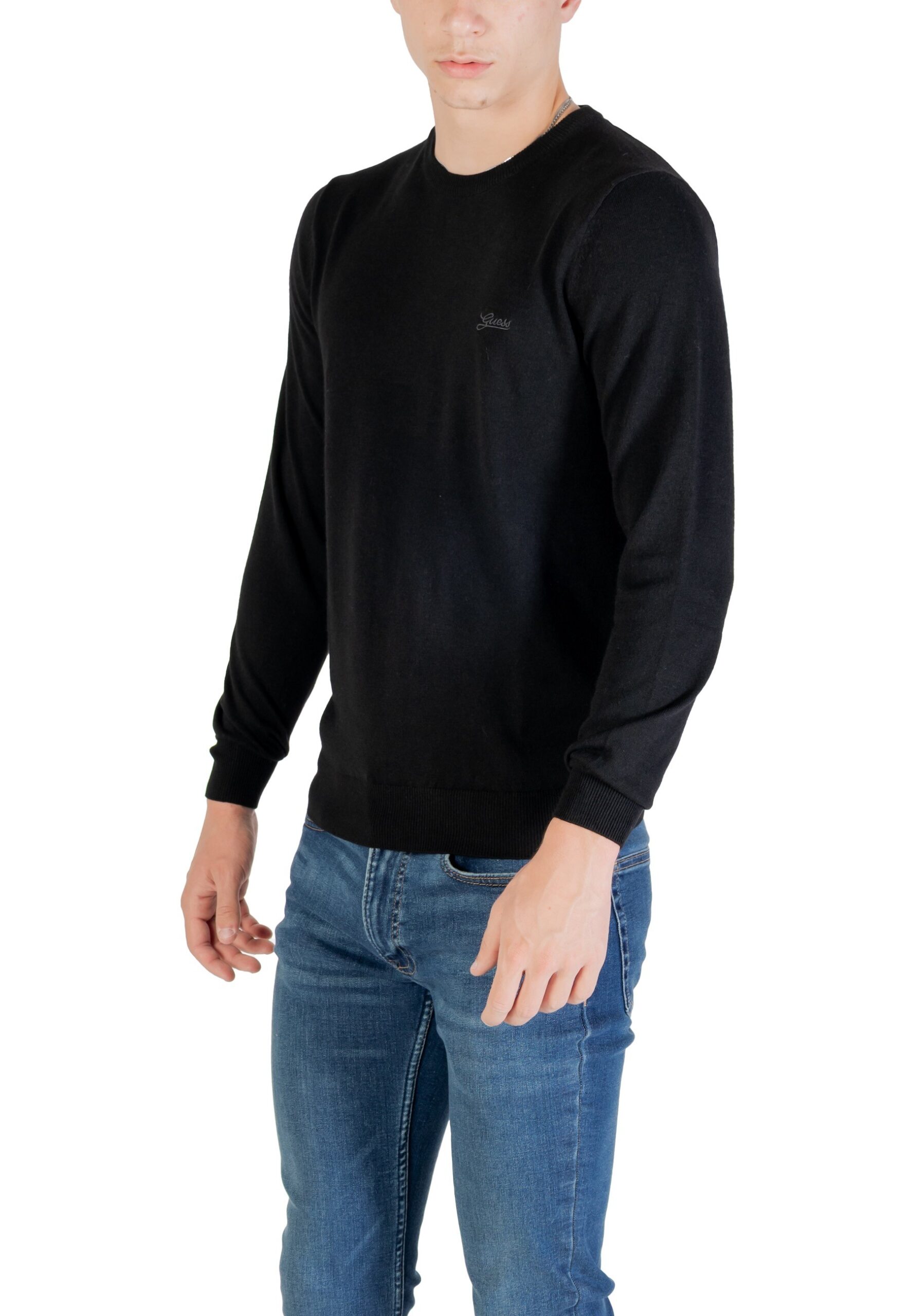 Pull Guess pour homme, noir, en maille, col rond et manches longues