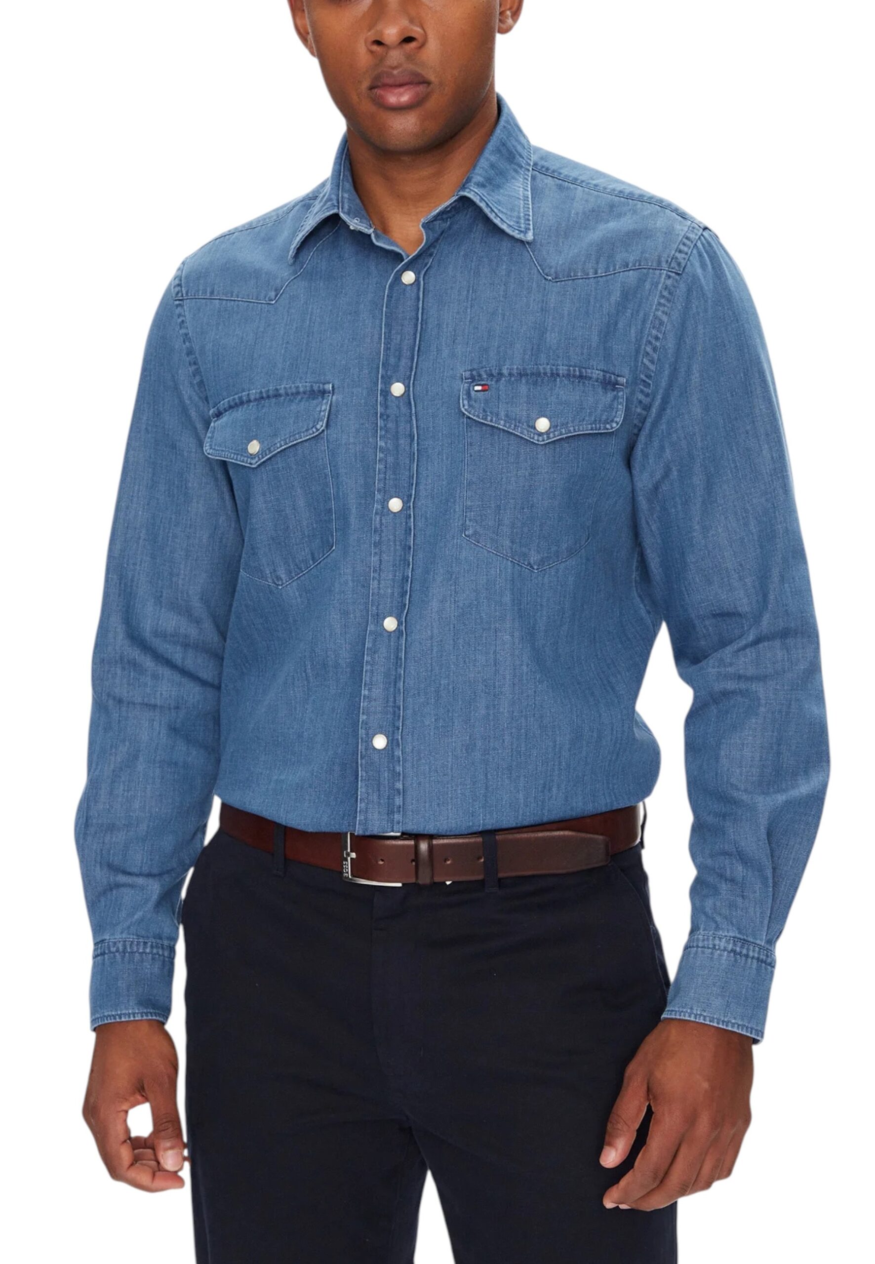Camisa de hombre Tommy Hilfiger de algodón azul claro con botones