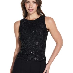Shop Guess Women’s Black Tank Top SL ALEXIA SEQUINS TANK at Brands Seekers