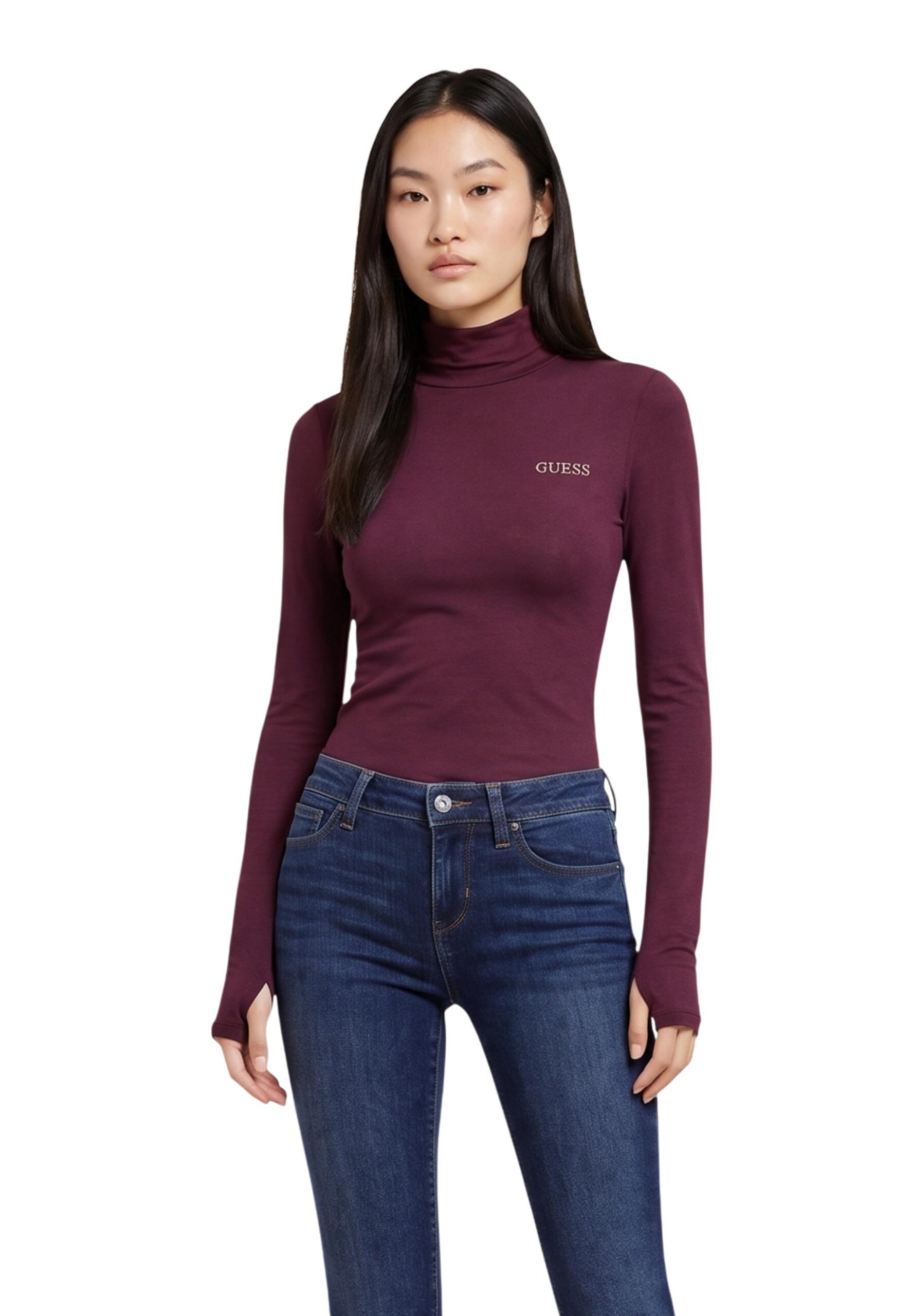 Guess Greta High Neck LS Áo thun nữ Bordeaux