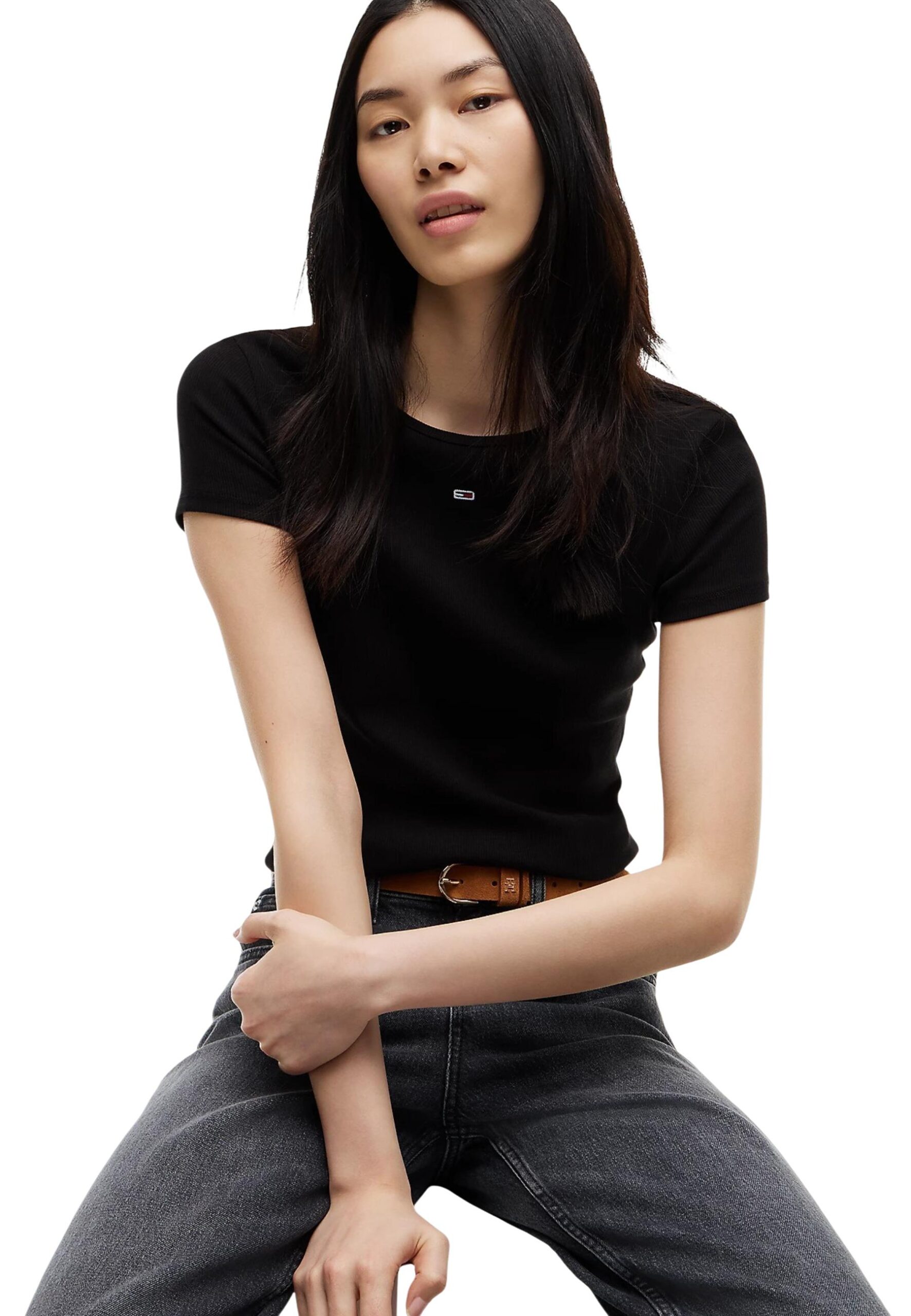 Shop Tommy Hilfiger Jeans Women’s Black T-Shirt TJW SLIM ESSENTIAL RIB at Brands Seekers